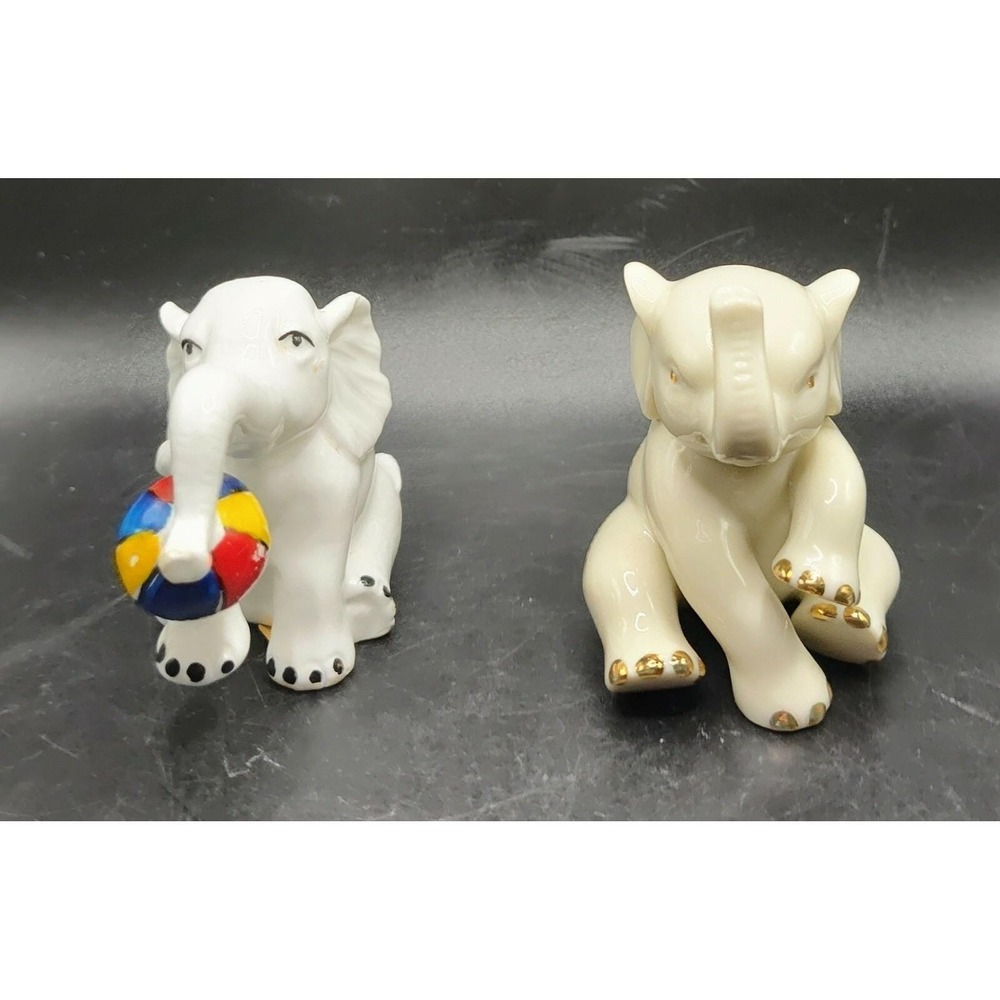 Lenox & Brinn's Elephant Figurines Set of 2 Porcelain Trunk Up Circus Ball